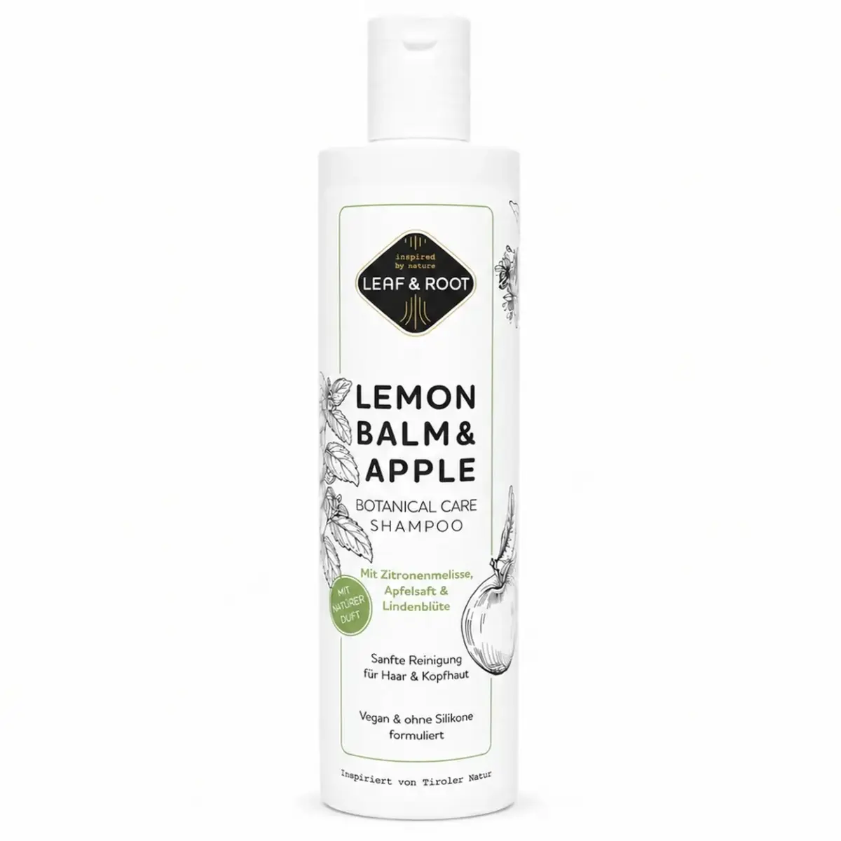 LEAF & ROOT Lemon Balm & Apple Botanical Care Shampoo, weiße 250-ml-Flasche mit hellgrünem Etikett