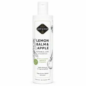 LEAF & ROOT Lemon Balm & Apple Botanical Care Shampoo, weiße 250-ml-Flasche mit hellgrünem Etikett