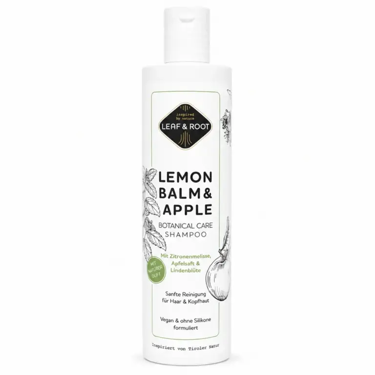 LEAF & ROOT Lemon Balm & Apple Botanical Care Shampoo, weiße 250-ml-Flasche mit hellgrünem Etikett