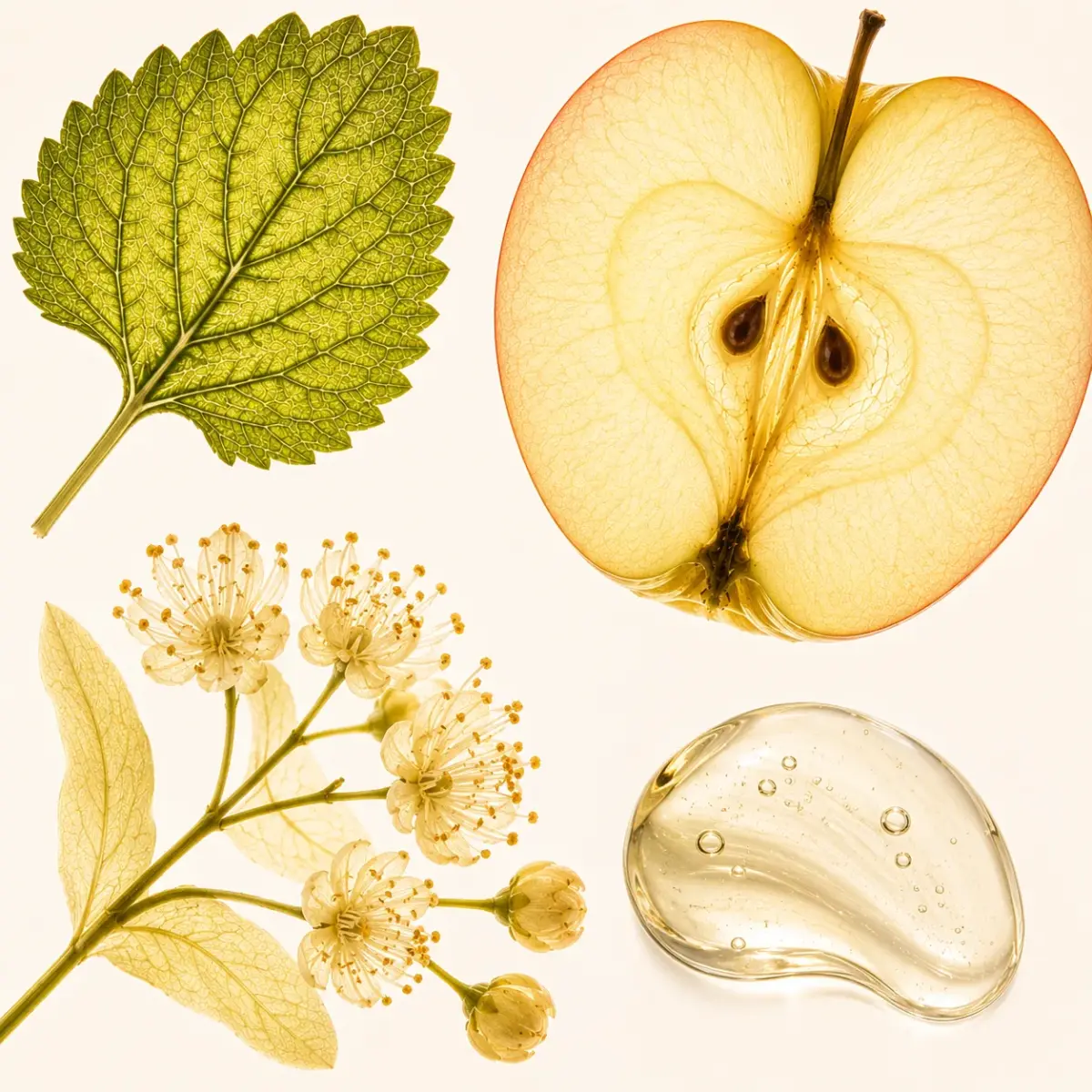 Zitronenmelissenblatt, aufgeschnittener Apfel, Lindenblüten und ein Tropfen Pflanzenextrakt auf cremefarbenem Grund