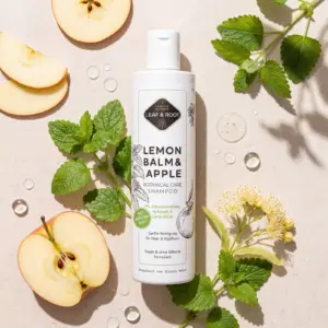 Die Shampoo-Flasche auf sandfarbenem Stein, daneben aufgeschnittener Apfel, Apfelscheiben, Zitronenmelisse und Lindenblüten