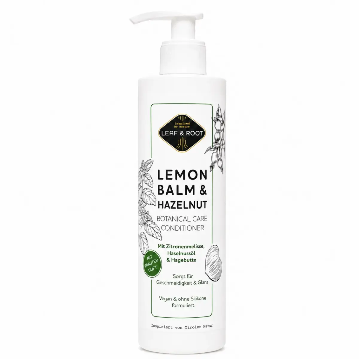 LEAF & ROOT Lemon Balm & Hazelnut Botanical Care Conditioner, weiße 200-ml-Flasche mit Pumpspender und dunkelgrünem Etikett