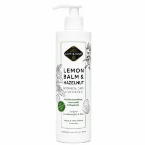 LEAF & ROOT Lemon Balm & Hazelnut Botanical Care Conditioner, weiße 200-ml-Flasche mit Pumpspender und dunkelgrünem Etikett