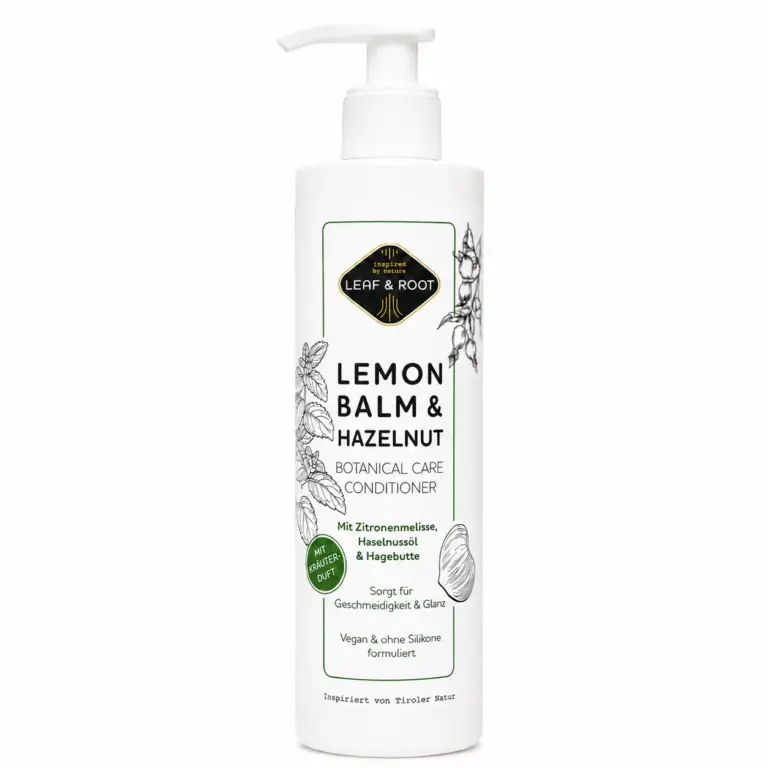 LEAF & ROOT Lemon Balm & Hazelnut Botanical Care Conditioner, weiße 200-ml-Flasche mit Pumpspender und dunkelgrünem Etikett