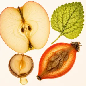 Aufgeschnittener Apfel, Zitronenmelissenblatt, geöffnete Haselnuss mit Öltropfen und eine aufgeschnittene Hagebutte auf cremefarbenem Grund