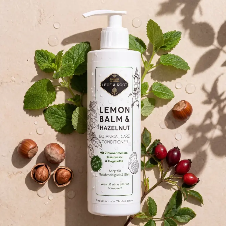 Die Conditioner-Flasche auf sandfarbenem Stein, daneben Haselnüsse, Hagebutten und Zitronenmelisse
