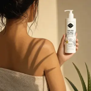 Frau hält den Onion Extract & Aloe Conditioner, Schatten von Aloe-Blättern auf ihrem Rücken