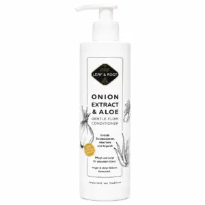 LEAF & ROOT Onion Extract & Aloe Gentle Flow Conditioner, weiße 200-ml-Flasche mit Pumpspender und goldenem Etikett