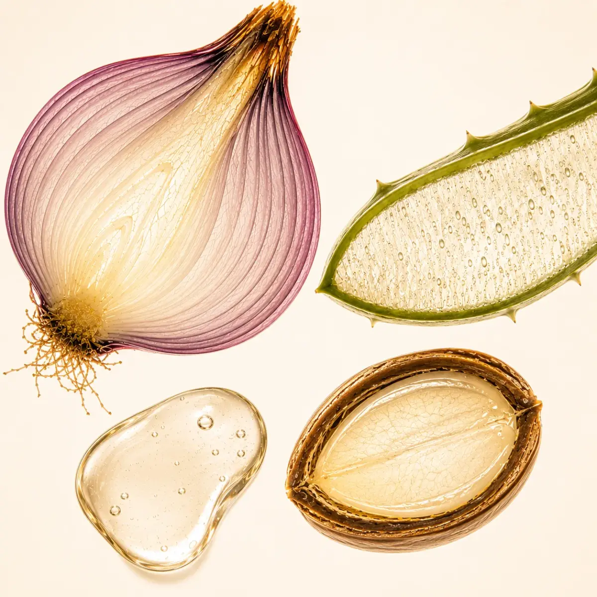 Querschnitt einer roten Zwiebel, eines aufgeschnittenen Aloe-Blattes und einer Arganmandel