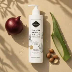 Onion Extract & Aloe Conditioner umgeben von roter Zwiebel, aufgeschnittenem Aloe-Blatt und Arganmandeln