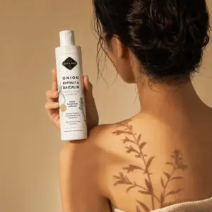 Frau hält das Onion Extract & Baicalin Shampoo, Schatten von Baikal-Helmkraut auf ihrer Schulter
