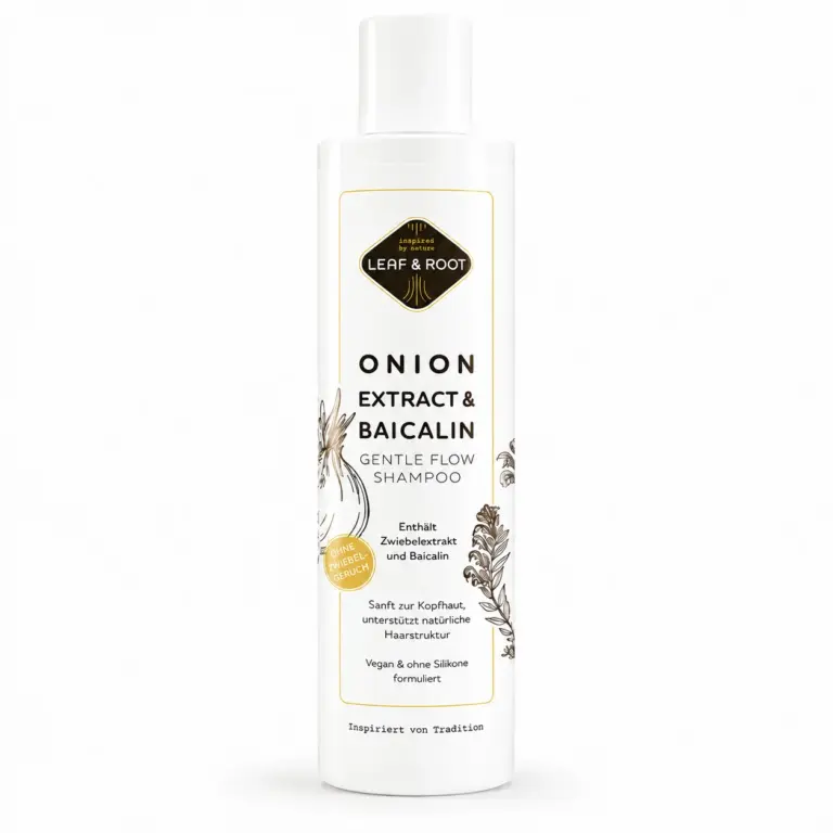 LEAF & ROOT Onion Extract & Baicalin Gentle Flow Shampoo, weiße 250-ml-Flasche mit goldenem Etikett