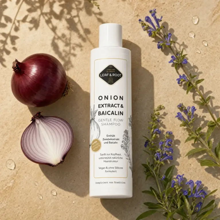 Onion Extract & Baicalin Shampoo umgeben von roter Zwiebel und blühendem Baikal-Helmkraut
